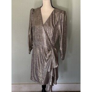Skies Are Blue Women's Size Large Gold Shimmer Long Sleeve Faux Wrap Dress